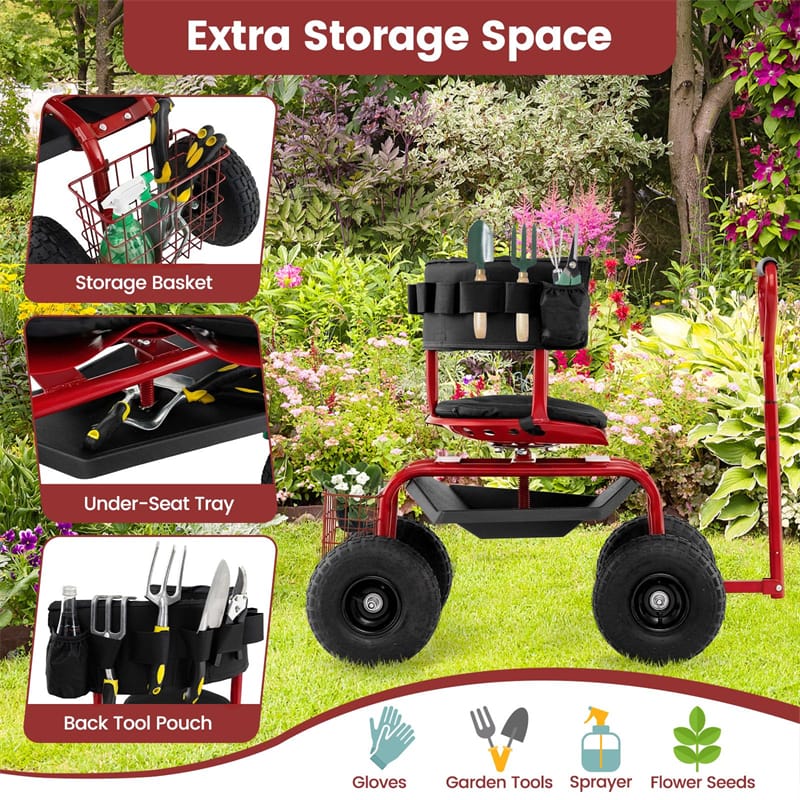 Rolling Garden Cart with 360° Swivel Padded Seat, Adjustable Gardening Scooter Workseat with Tool Tray & Storage, Extendable Handle for Seniors