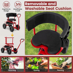 Rolling Garden Cart with 360° Swivel Padded Seat, Adjustable Gardening Scooter Workseat with Tool Tray & Storage, Extendable Handle for Seniors