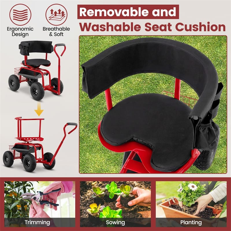 Rolling Garden Cart with 360° Swivel Padded Seat, Adjustable Gardening Scooter Workseat with Tool Tray & Storage, Extendable Handle for Seniors