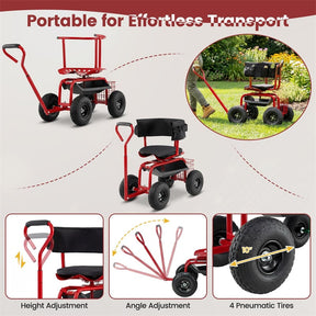 Rolling Garden Cart with 360° Swivel Padded Seat, Adjustable Gardening Scooter Workseat with Tool Tray & Storage, Extendable Handle for Seniors