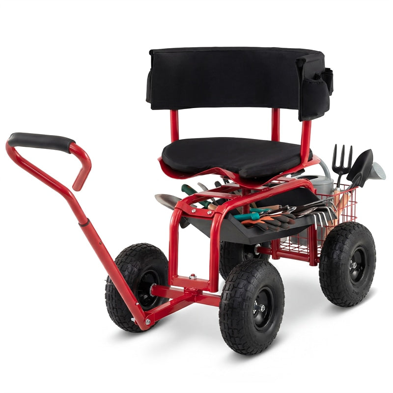 Rolling Garden Cart with 360° Swivel Padded Seat, Adjustable Gardening Scooter Workseat with Tool Tray & Storage, Extendable Handle for Seniors