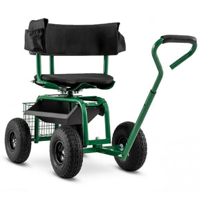Rolling Garden Cart with 360° Swivel Padded Seat, Adjustable Gardening Scooter Workseat with Tool Tray & Storage, Extendable Handle for Seniors