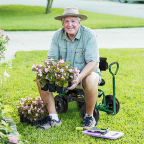 Rolling Garden Cart with 360° Swivel Padded Seat, Adjustable Gardening Scooter Workseat with Tool Tray & Storage, Extendable Handle for Seniors