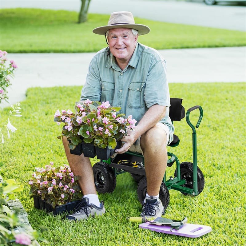 Rolling Garden Cart with 360° Swivel Padded Seat, Adjustable Gardening Scooter Workseat with Tool Tray & Storage, Extendable Handle for Seniors