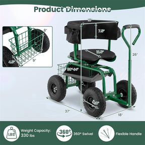 Rolling Garden Cart with 360° Swivel Padded Seat, Adjustable Gardening Scooter Workseat with Tool Tray & Storage, Extendable Handle for Seniors