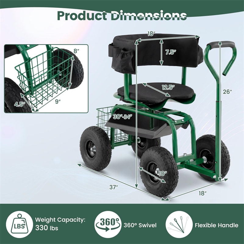 Rolling Garden Cart with 360° Swivel Padded Seat, Adjustable Gardening Scooter Workseat with Tool Tray & Storage, Extendable Handle for Seniors