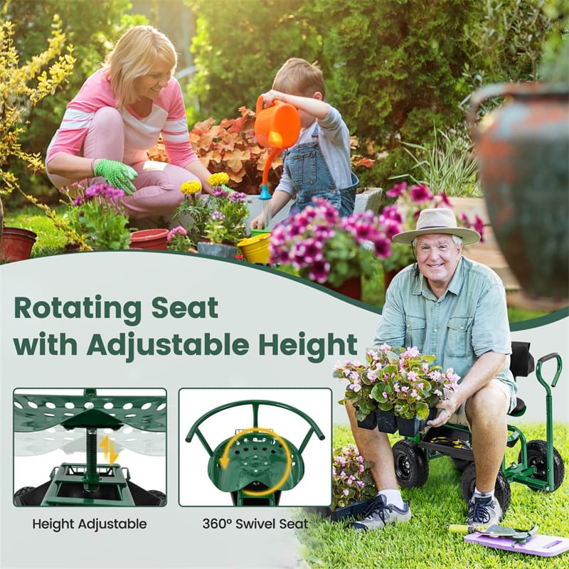 Rolling Garden Cart with 360° Swivel Padded Seat, Adjustable Gardening Scooter Workseat with Tool Tray & Storage, Extendable Handle for Seniors