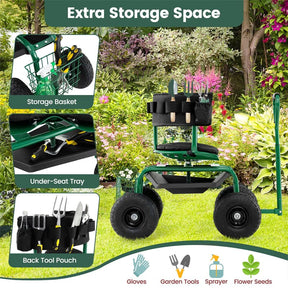 Rolling Garden Cart with 360° Swivel Padded Seat, Adjustable Gardening Scooter Workseat with Tool Tray & Storage, Extendable Handle for Seniors