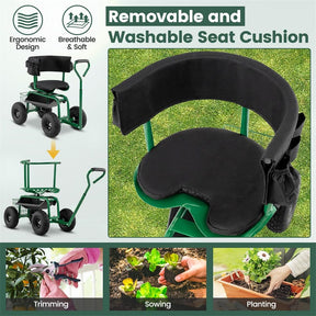 Rolling Garden Cart with 360° Swivel Padded Seat, Adjustable Gardening Scooter Workseat with Tool Tray & Storage, Extendable Handle for Seniors