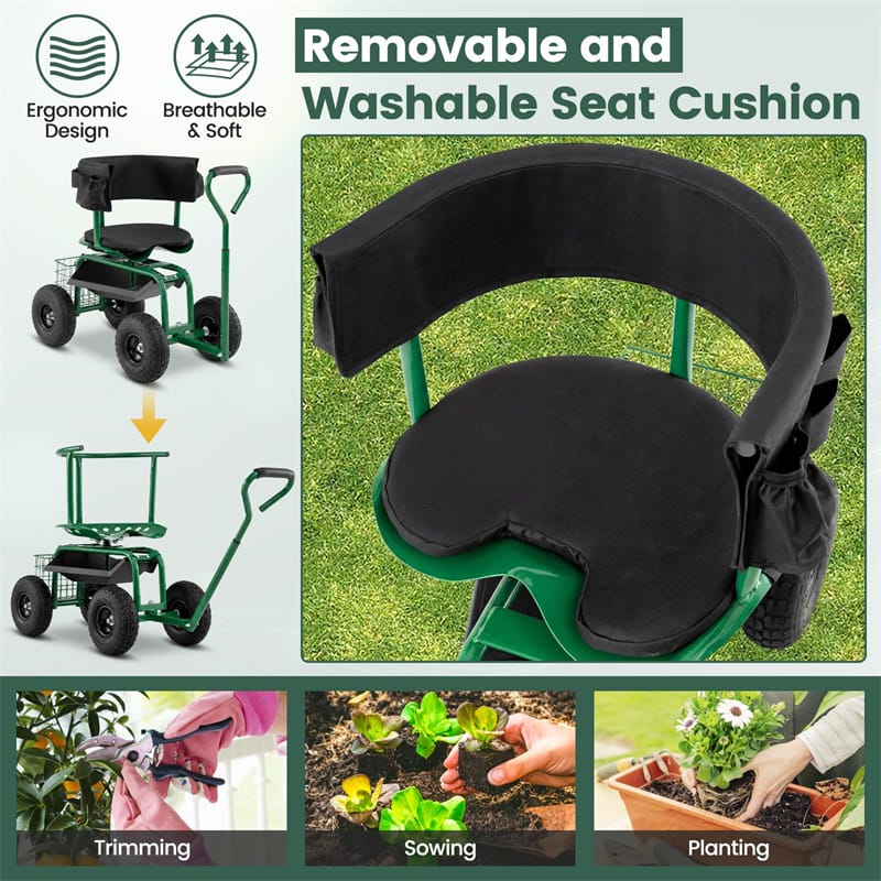 Rolling Garden Cart with 360° Swivel Padded Seat, Adjustable Gardening Scooter Workseat with Tool Tray & Storage, Extendable Handle for Seniors