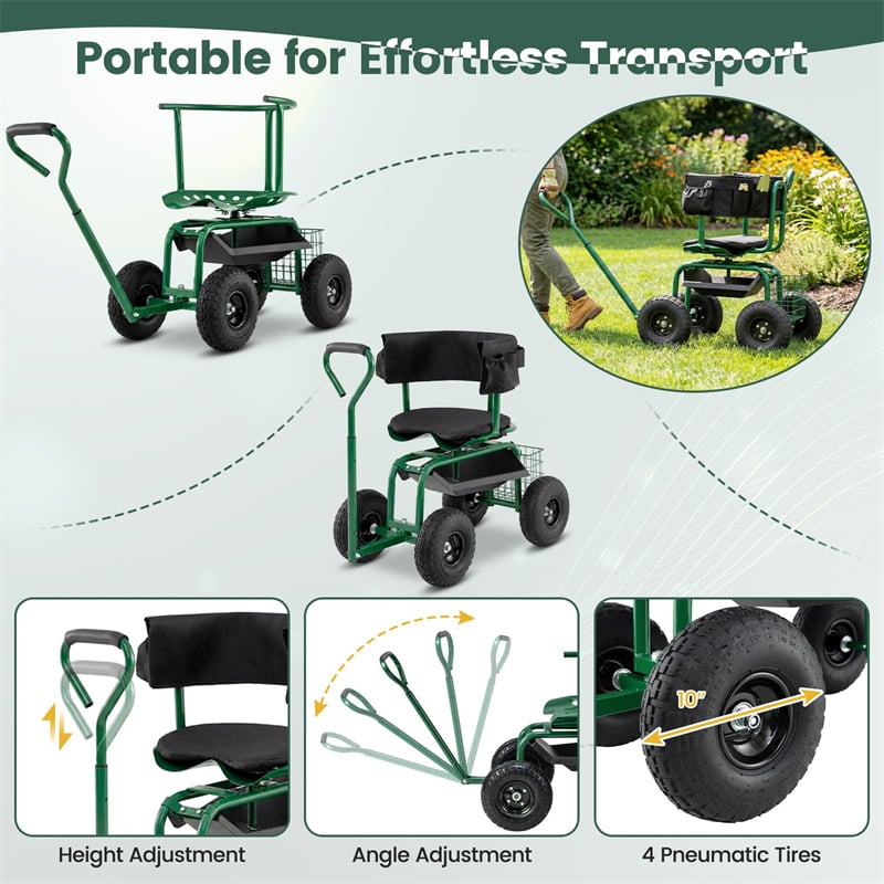 Rolling Garden Cart with 360° Swivel Padded Seat, Adjustable Gardening Scooter Workseat with Tool Tray & Storage, Extendable Handle for Seniors