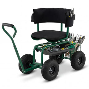 Rolling Garden Cart with 360° Swivel Padded Seat, Adjustable Gardening Scooter Workseat with Tool Tray & Storage, Extendable Handle for Seniors
