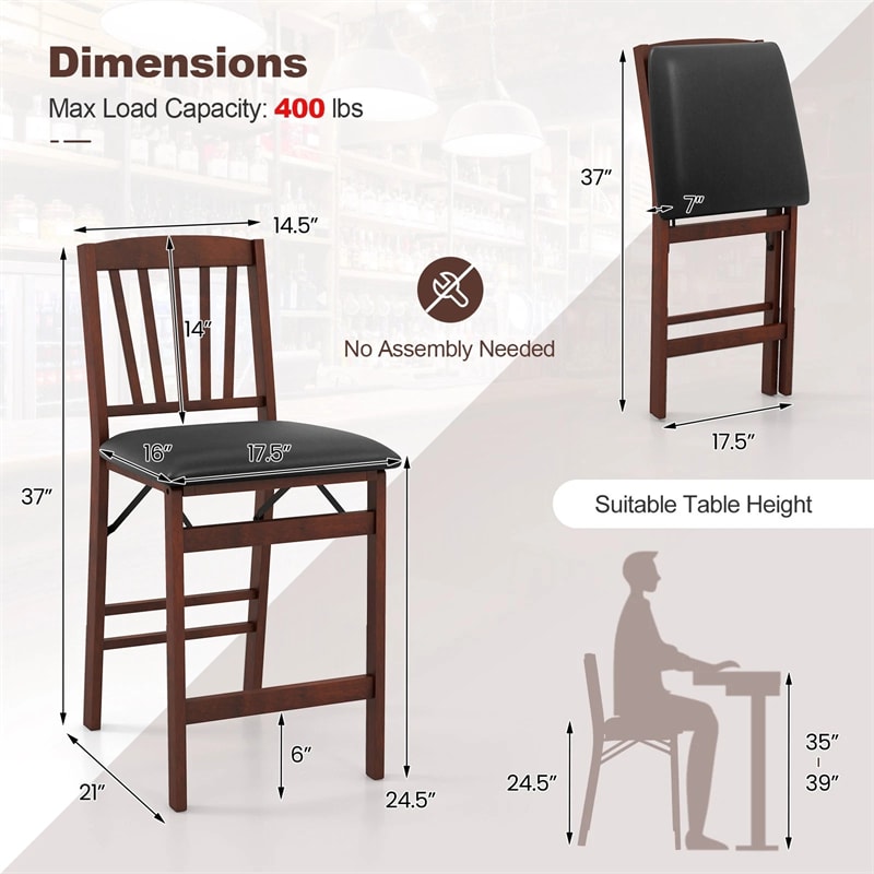 Set of 2/4 Folding Counter Height Bar Stools, 24.5" Portable Kitchen Island Chairs with Padded Seat & Rubber Wood Legs, No Assembly Needed