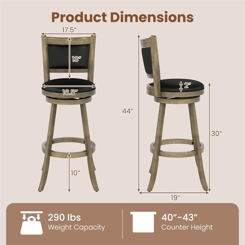 Set of 2 Wooden Swivel Bar Stools, 29" Bar Height Chairs with PVC Leather Cushioned Back & Seat, Upholstered Barstools for Kitchen Island