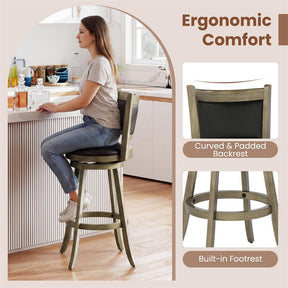 Set of 2 Wooden Swivel Bar Stools, 29" Bar Height Chairs with PVC Leather Cushioned Back & Seat, Upholstered Barstools for Kitchen Island