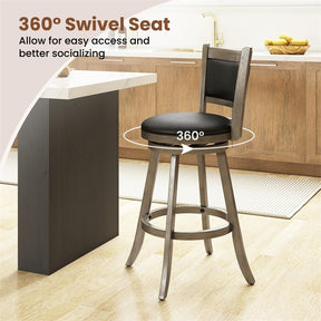 Set of 2 Wooden Swivel Bar Stools, 29" Bar Height Chairs with PVC Leather Cushioned Back & Seat, Upholstered Barstools for Kitchen Island