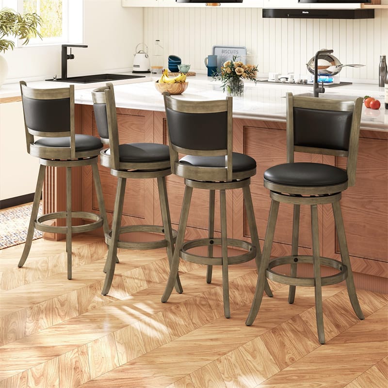 Set of 2 Wooden Swivel Bar Stools, 29" Bar Height Chairs with PVC Leather Cushioned Back & Seat, Upholstered Barstools for Kitchen Island