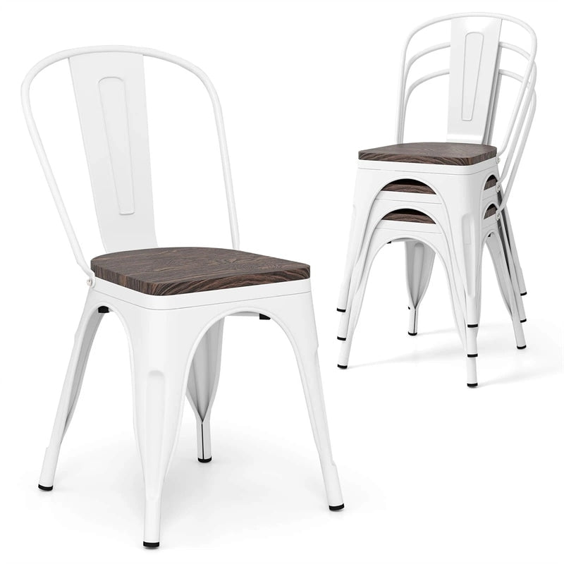 Set of 4 Tolix Style Metal Dining Chairs, 18" Stackable Bistro Cafe Side Chairs with Wood Seat & High Backrest for Home Kitchen Bar Use