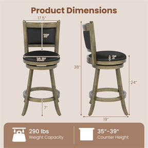 24" Wood Swivel Bar Stools Set of 2 with Back & PVC Leather Cushion Seat, Upholstered Counter Height Bar Chairs for Kitchen Dining Room