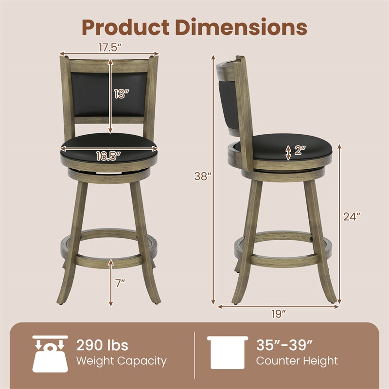 24" Wood Swivel Bar Stools Set of 2 with Back & PVC Leather Cushion Seat, Upholstered Counter Height Bar Chairs for Kitchen Dining Room