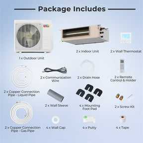 X-Pro 27000 BTU 2 Zone Concealed Ducted Mini Split AC, 24 SEER2 WiFi Inverter Split Air Conditioner w/ Heat Pump, Wall Thermostat & Line Set