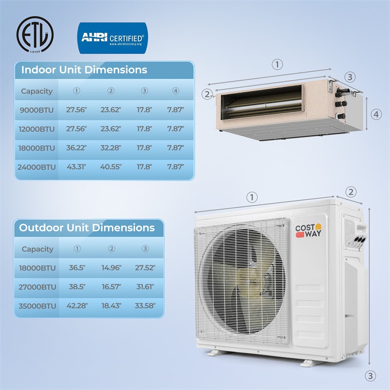 X-Pro 35000 BTU 3 Zone Concealed Ducted Mini Split AC, 22.5 SEER2 WiFi Inverter Split Air Conditioner with Heat Pump & Wall Thermostat