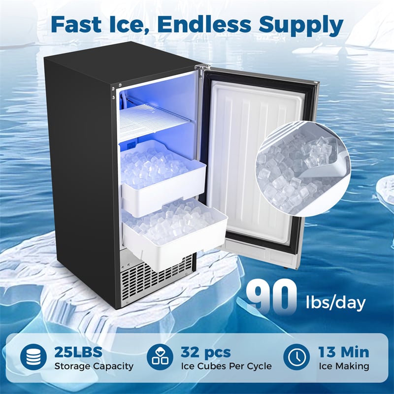 90 LBS/Day Commercial Undercounter Ice Maker, 15" Built-in Freestanding Ice Machine with Cooling Mode, 25 LBS Storage & Auto-Cleaning