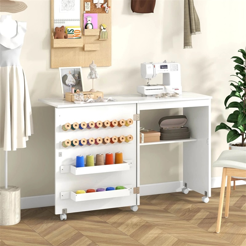 Folding Sewing Table, Farmhouse Sewing Machine Cabinet w/ Barn Door, 18 Pegs & 2 Trays, Rolling Craft Station Side Desk w/ Lockable Wheels
