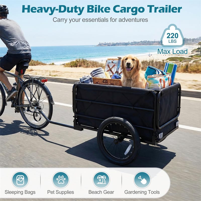 Heavy-Duty Bike Cargo Trailer, 220 LBS Metal Bicycle Wagon Cart with Universal Hitch, 16" All-Terrain Tires & Waterproof Bag for Camping Shopping