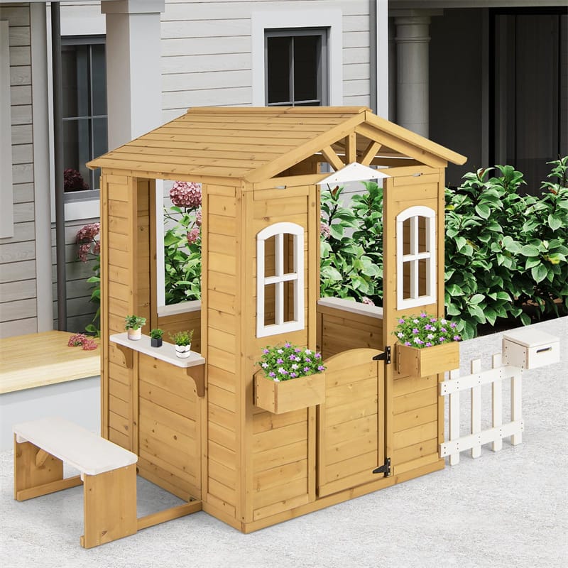 Kids Wood Outdoor Playhouse, Backyard Cottage with Picnic Bench, Serving Station, Mailbox & Fence, Wooden Garden Play House for Boys & Girls