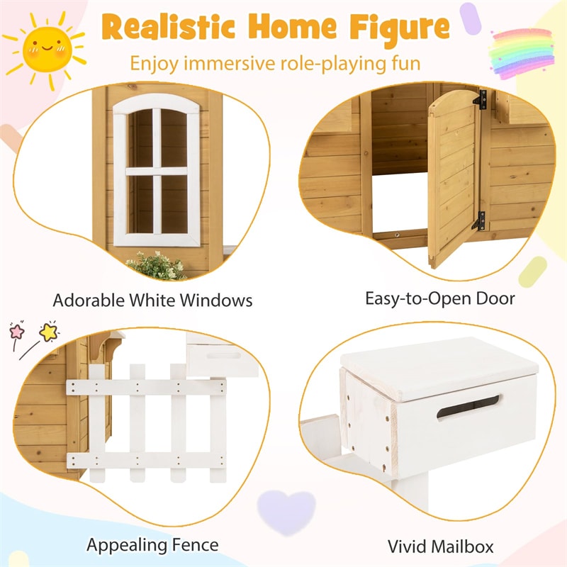 Kids Wood Outdoor Playhouse, Backyard Cottage with Picnic Bench, Serving Station, Mailbox & Fence, Wooden Garden Play House for Boys & Girls