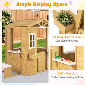 Kids Wood Outdoor Playhouse, Backyard Cottage with Picnic Bench, Serving Station, Mailbox & Fence, Wooden Garden Play House for Boys & Girls