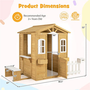 Kids Wood Outdoor Playhouse, Backyard Cottage with Picnic Bench, Serving Station, Mailbox & Fence, Wooden Garden Play House for Boys & Girls