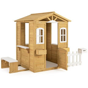 Kids Wood Outdoor Playhouse, Backyard Cottage with Picnic Bench, Serving Station, Mailbox & Fence, Wooden Garden Play House for Boys & Girls