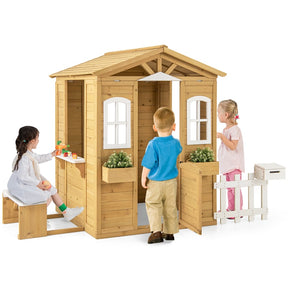 Kids Wood Outdoor Playhouse, Backyard Cottage with Picnic Bench, Serving Station, Mailbox & Fence, Wooden Garden Play House for Boys & Girls