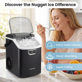 Nugget Ice Maker Countertop, 33lbs/Day Portable Sonic Ice Machine with Handle, 6 Min Fast Ice, Auto-Cleaning & Audible Alarm for Home Kitchen Office