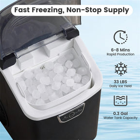 Nugget Ice Maker Countertop, 33lbs/Day Portable Sonic Ice Machine with Handle, 6 Min Fast Ice, Auto-Cleaning & Audible Alarm for Home Kitchen Office