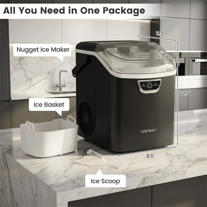 Nugget Ice Maker Countertop, 33lbs/Day Portable Sonic Ice Machine with Handle, 6 Min Fast Ice, Auto-Cleaning & Audible Alarm for Home Kitchen Office