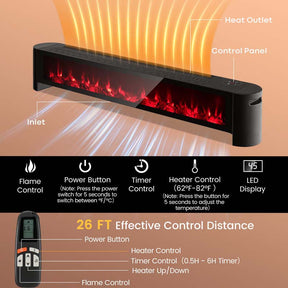 1400W Electric Baseboard Heater with Remote & 6 Adjustable Realistic 3D Flame, IPX4 Waterproof Convection Space Heater for Indoor Use