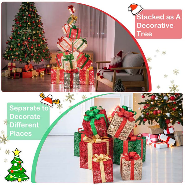 5.6FT Lighted Gift Box Tower, 15 Pre-Lit Stacked Boxes with 450 Warm White Lights, Metal Base & Ribbons, Indoor/Outdoor Christmas Light-Up Decoration
