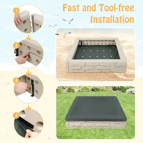 47"x 47" HDPE Kids Sandbox with Oxford Cover & Bottom Liner, Weather Resistant Outdoor Sand Pit for Backyard Lawn Garden Beach