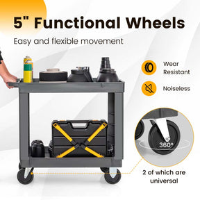 2-Tier Industrial Service Utility Cart Heavy-Duty PP Rolling Work Cart with 550 LBS Max Load and Storage Handle