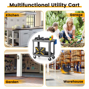 2-Tier Industrial Service Utility Cart Heavy-Duty PP Rolling Work Cart with 550 LBS Max Load and Storage Handle