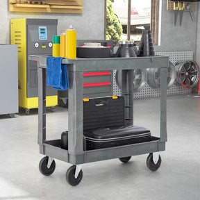 2-Tier Industrial Service Utility Cart Heavy-Duty PP Rolling Work Cart with 550 LBS Max Load and Storage Handle