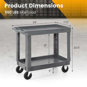 2-Tier Industrial Service Utility Cart Heavy-Duty PP Rolling Work Cart with 550 LBS Max Load and Storage Handle