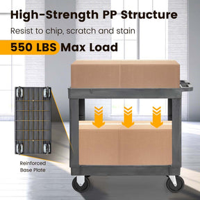 2-Tier Industrial Service Utility Cart Heavy-Duty PP Rolling Work Cart with 550 LBS Max Load and Storage Handle