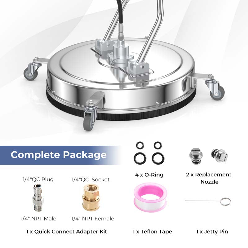 20" Pressure Washer Surface Cleaner, 4000 PSI Stainless Steel Cleaner Attachment with Casters, Dual Handles & 3/8" Quick-Connect for Driveway, Patio