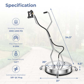20" Pressure Washer Surface Cleaner, 4000 PSI Stainless Steel Cleaner Attachment with Casters, Dual Handles & 3/8" Quick-Connect for Driveway, Patio