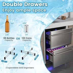 24" 4.9 Cu.Ft Dual Drawer Beverage Refrigerator, Built-in/Freestanding Undercounter Beverage Cooler with 37℉-64℉ Temp Range for Home Commercial Use