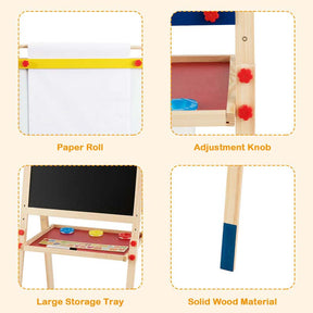 3-in-1 Wooden Kid's Art Easel, Height Adjustable Double Sided Drawing Easel with Magnetic Chalkboard, Whiteboard & Paper Roll for Toddlers